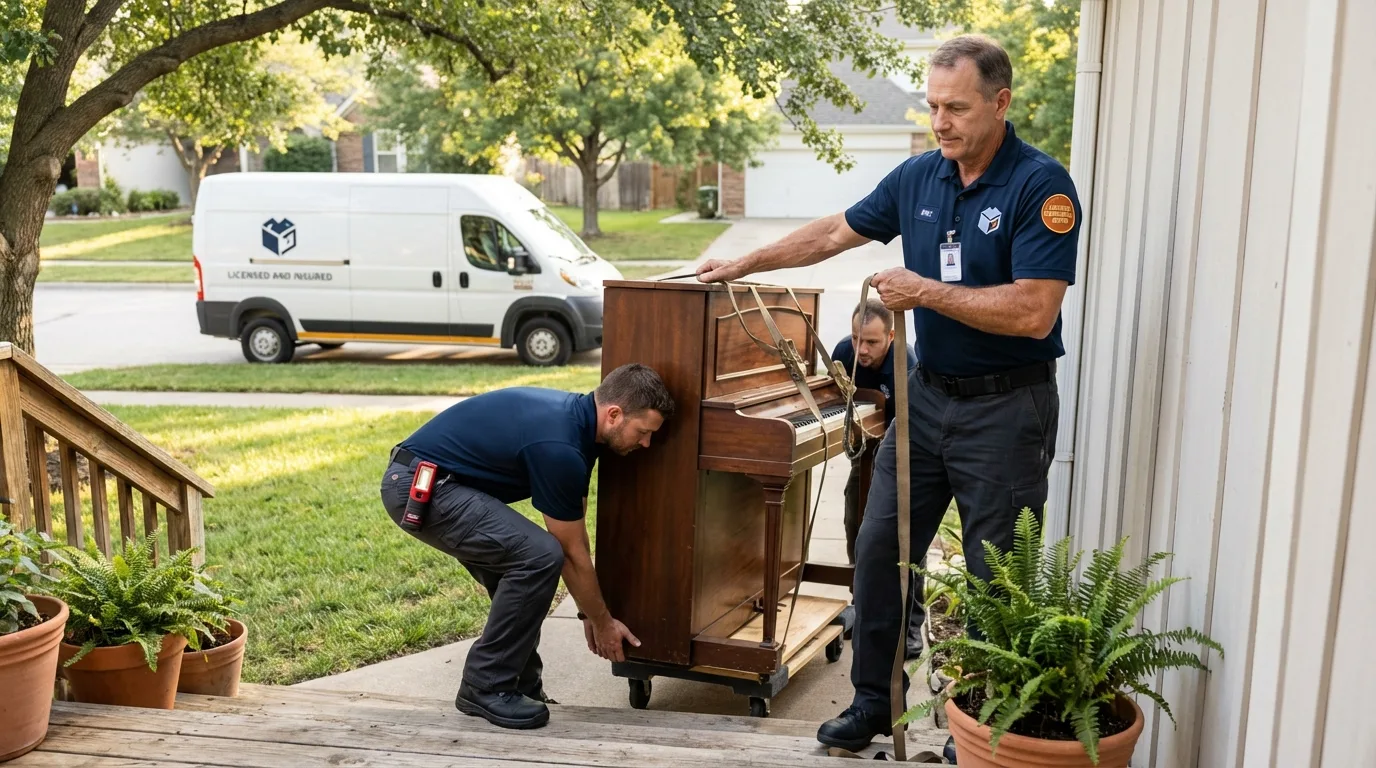 Licensed piano movers securing grand piano in Westfield, IN