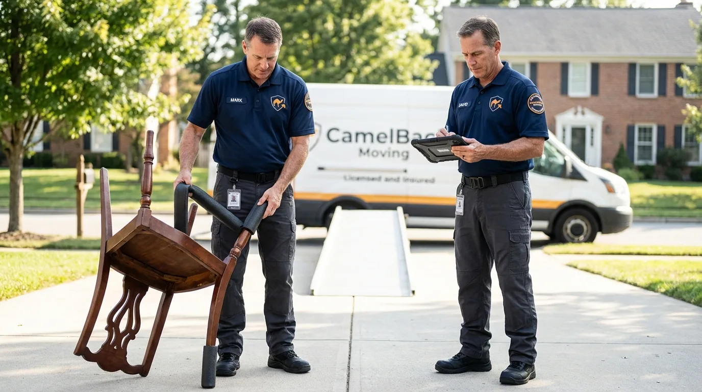 Movers inspecting furniture for damage prevention before loading in Westfield, IN