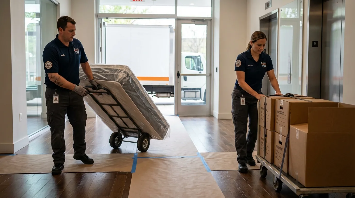 Professional apartment movers loading elevator in Westfield, IN