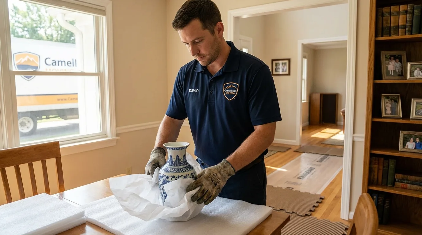 Professional crew carefully wrapping antique vase for senior downsizing move in Westfield, IN